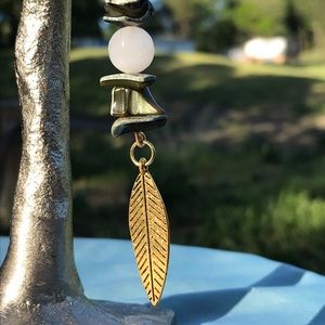 Brass Leaf Natural Shell and Quartz Keychain